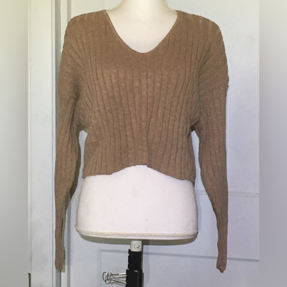 Cozy Cotton Tan V-Neck Ribbed Sweater